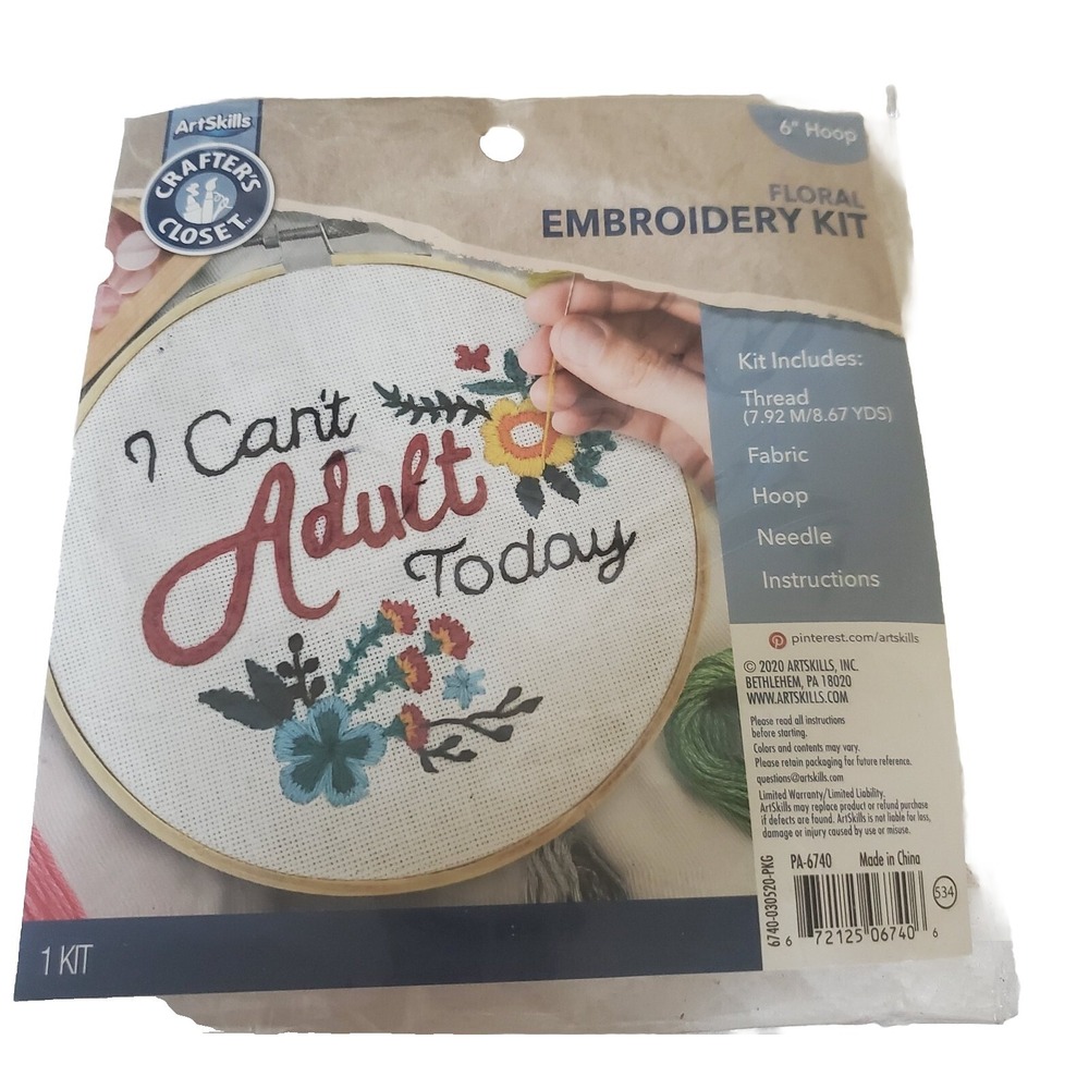 Art Skills Floral Embroidery Kit 6" Hoop Crafter's Closet I Cant Adult Today NEW